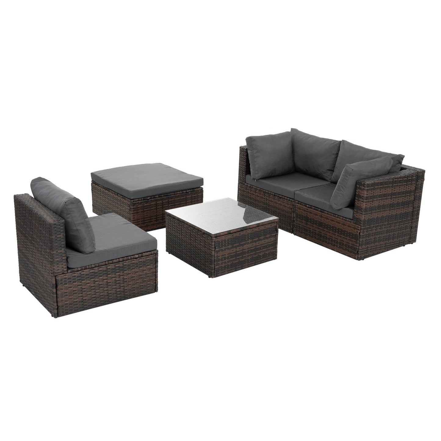 🖤 Noir Haven Rattan Lounge Set — 5-Piece Handwoven Outdoor Sofa with Cushions & Glass-Top Table ☀️✨