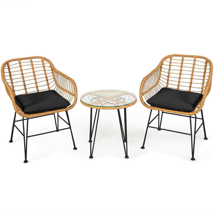 🖤 Urban Chic Rattan Bistro Set — 3-Piece Handwoven Outdoor Lounge with Black Cushions & Glass-Top Table ☕✨
