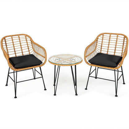 🖤 Urban Chic Rattan Bistro Set — 3-Piece Handwoven Outdoor Lounge with Black Cushions & Glass-Top Table ☕✨
