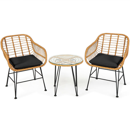 🖤 Urban Chic Rattan Bistro Set — 3-Piece Handwoven Outdoor Lounge with Black Cushions & Glass-Top Table ☕✨