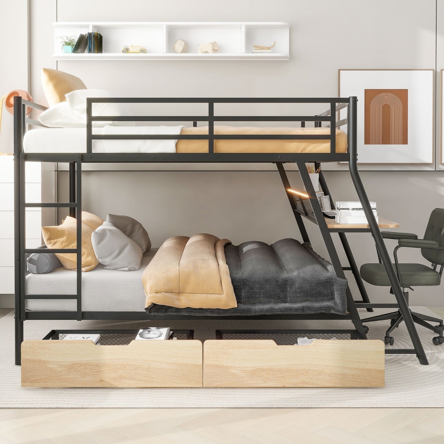 ✨ Full-Size Metal Bunk Bed with Built-in Desk, LED Light & 2 Storage Drawers | Modern Multifunctional Loft Bed – Black ⚡️