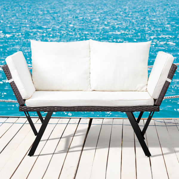 ✨ Stretchable Rattan Bench with Beige Cushions | Modern Outdoor Patio & Balcony Seating ☀️