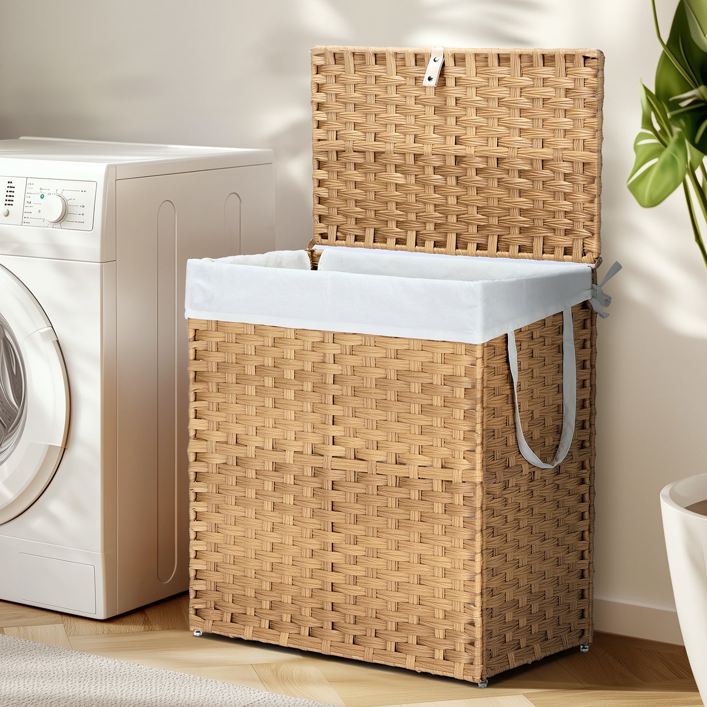 ✨ Handwoven Rattan Laundry Basket with Lid | 110L Foldable Storage Hamper with Handles & Removable Liner