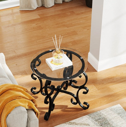 3-Piece Tempered Glass Coffee Table Set – Elegant Black Metal Living Room Tables with Round Side Tables ✨