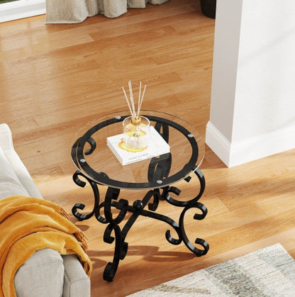 3-Piece Tempered Glass Coffee Table Set – Elegant Black Metal Living Room Tables with Round Side Tables ✨