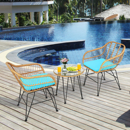 🌊 Coastal Breeze Rattan Patio Set — 3-Piece Outdoor Bistro with Aqua Cushions &amp; Glass-Top Table ☕✨