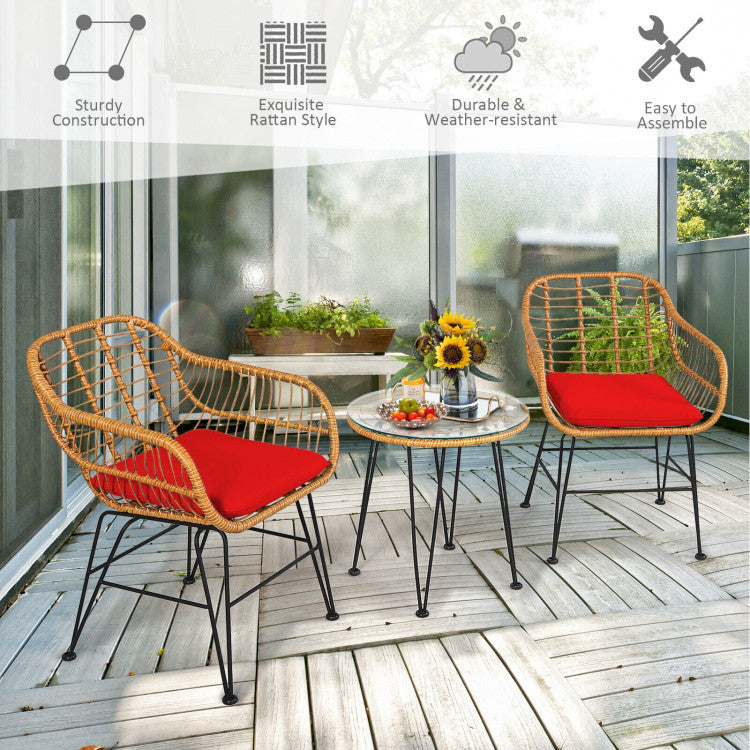 ☀️ Sunset Glow Rattan Bistro Set — 3-Piece Outdoor Patio Set with Red Cushions &amp; Glass-Top Table ❤️✨