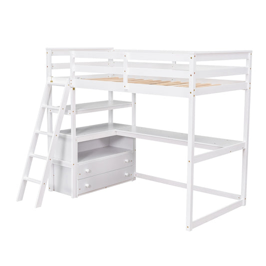 ✨ Twin Loft Bed with Desk, Shelves & 2 Drawers | Space-Saving Study Bed for Kids & Teens – White ️