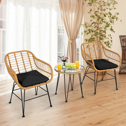 🖤 Urban Chic Rattan Bistro Set — 3-Piece Handwoven Outdoor Lounge with Black Cushions & Glass-Top Table ☕✨