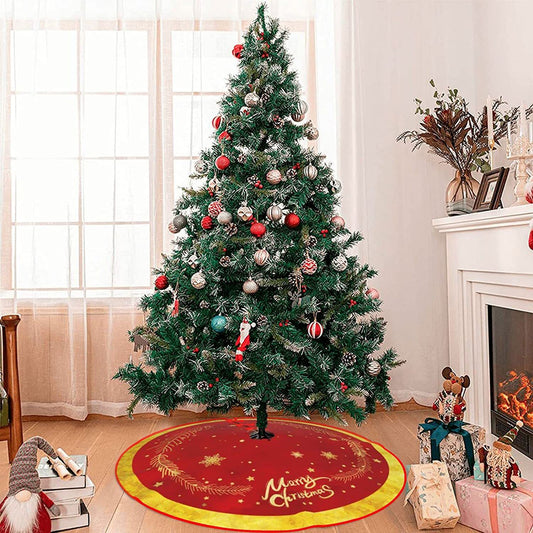 ✨ Red & Gold Christmas Tree Skirt – Elegant “Merry Christmas” Design with Reindeer Carriage  Luxury Festive Base Mat for Holiday Trees