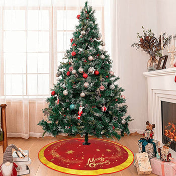 ✨ Red & Gold Christmas Tree Skirt – Elegant “Merry Christmas” Design with Reindeer Carriage  Luxury Festive Base Mat for Holiday Trees