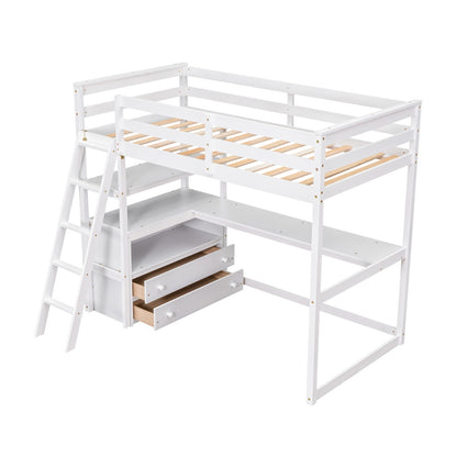 ✨ Twin Loft Bed with Desk, Shelves & 2 Drawers | Space-Saving Study Bed for Kids & Teens – White ️
