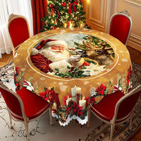 Christmas Round Tablecloth – Festive Santa & Reindeer Print Dining Table Cover ✨ Holiday Party Decor