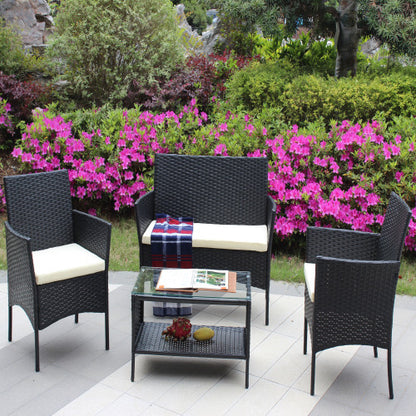 🌸 Garden Grace Rattan Conversation Set — 4-Piece Outdoor Lounge with Black Wicker Frame & Beige Cushions ☕✨