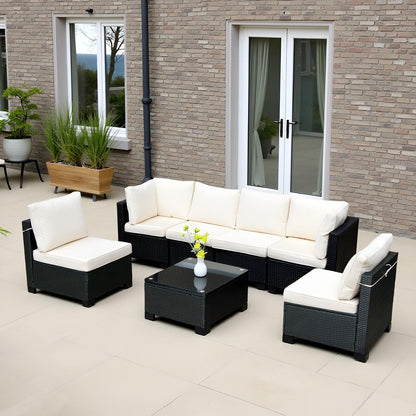 🖤 Urban Luxe 7-Piece Rattan Sofa Set — Modular Outdoor & Indoor Lounge with Premium Black Weave & Ivory Cushions ☕✨