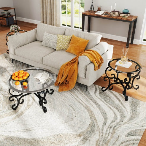 3-Piece Tempered Glass Coffee Table Set – Elegant Black Metal Living Room Tables with Round Side Tables ✨