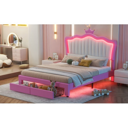 Full-Size Princess Upholstered Bed with LED Lights | Modern Pink & White Bed Frame with Crown Headboard & Drawers ✨