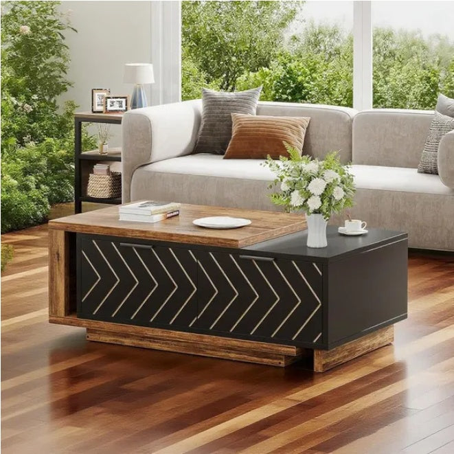 Luxury Modern Coffee Table with Gold Accents – Solid Wood Storage Center Table for Living Room ✨