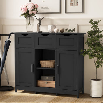 Matte Black Wooden Storage Cabinet with Drawers & Shelves – Modern Accent Sideboard for Living Room & Entryway