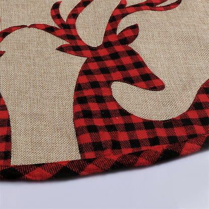 ✨ Rustic Plaid Linen Christmas Tree Skirt – Red Buffalo Check Reindeer Design for Cozy Farmhouse Holiday Decor