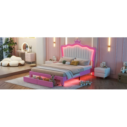 Full-Size Princess Upholstered Bed with LED Lights | Modern Pink & White Bed Frame with Crown Headboard & Drawers ✨