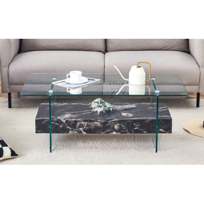 43.3 Inch Modern Glass & Black Marble Coffee Table – Two-Tier Living Room Center Table with Storage ✨