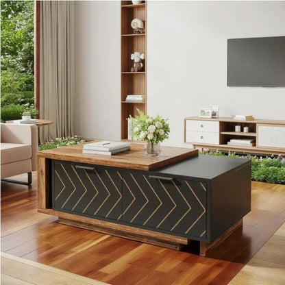 Luxury Modern Coffee Table with Gold Accents – Solid Wood Storage Center Table for Living Room ✨