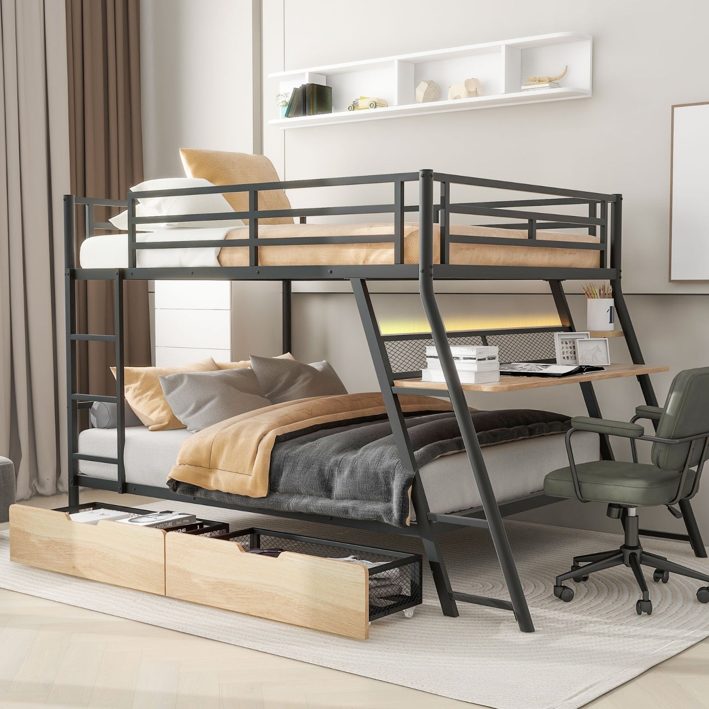 ✨ Full-Size Metal Bunk Bed with Built-in Desk, LED Light & 2 Storage Drawers | Modern Multifunctional Loft Bed – Black ⚡️