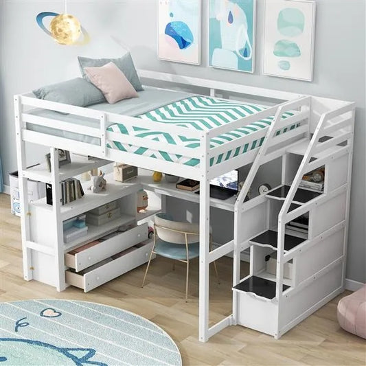 ✨ Full-Size Loft Bed with Built-in Desk, Storage Shelves & Staircase Drawers | Space-Saving Study & Sleep Station – White ️