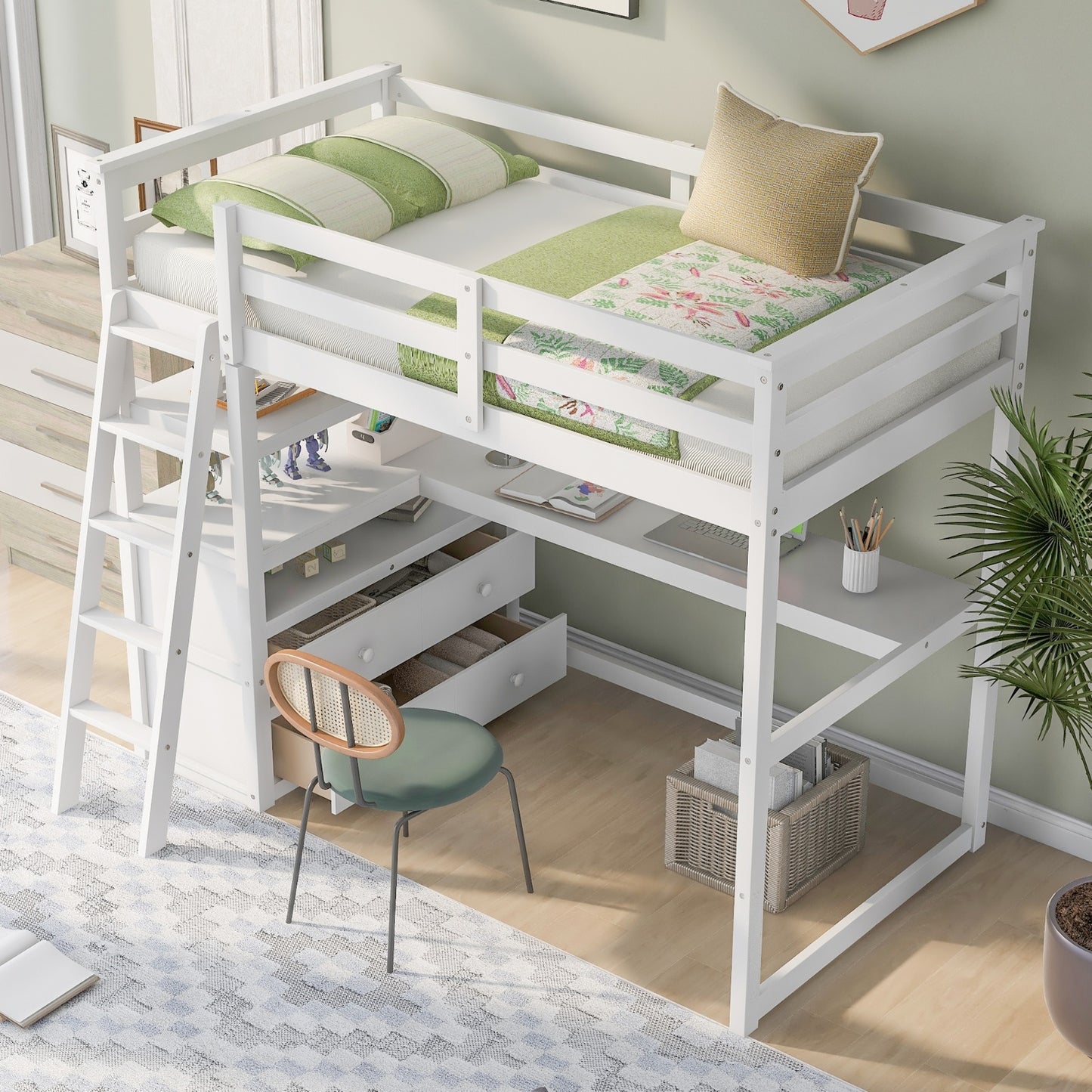 ✨ Twin Loft Bed with Desk, Shelves & 2 Drawers | Space-Saving Study Bed for Kids & Teens – White ️