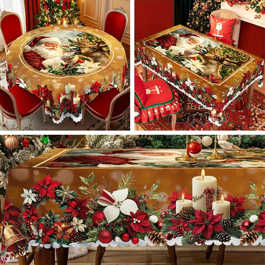 Christmas Round Tablecloth – Festive Santa & Reindeer Print Dining Table Cover ✨ Holiday Party Decor