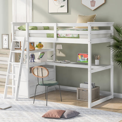 ✨ Twin Loft Bed with Desk, Shelves & 2 Drawers | Space-Saving Study Bed for Kids & Teens – White ️