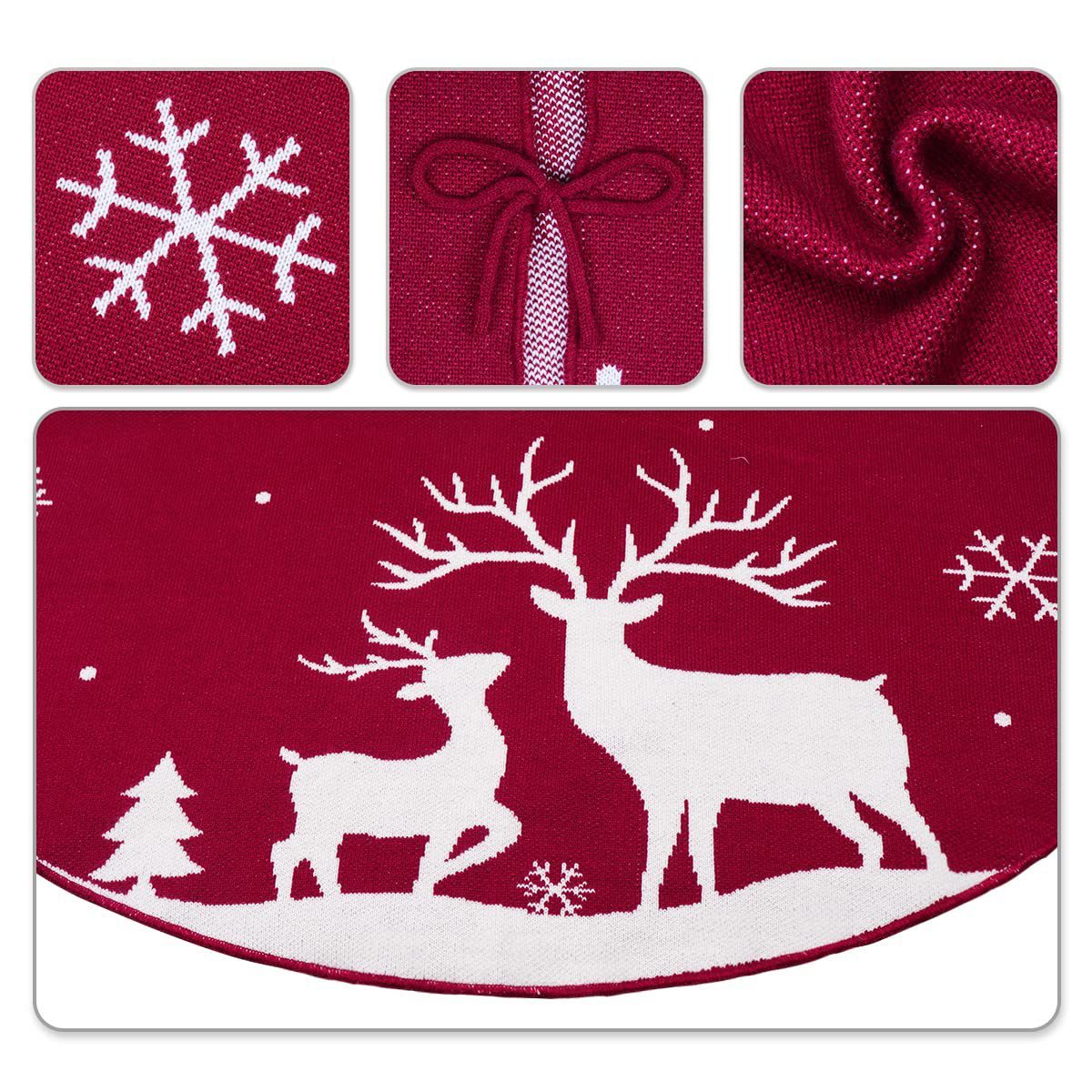 ✨ Knitted Christmas Tree Skirt – Red & White Elk Snow Scenery Design | Warm Nordic Holiday Décor for Christmas Trees ❄️