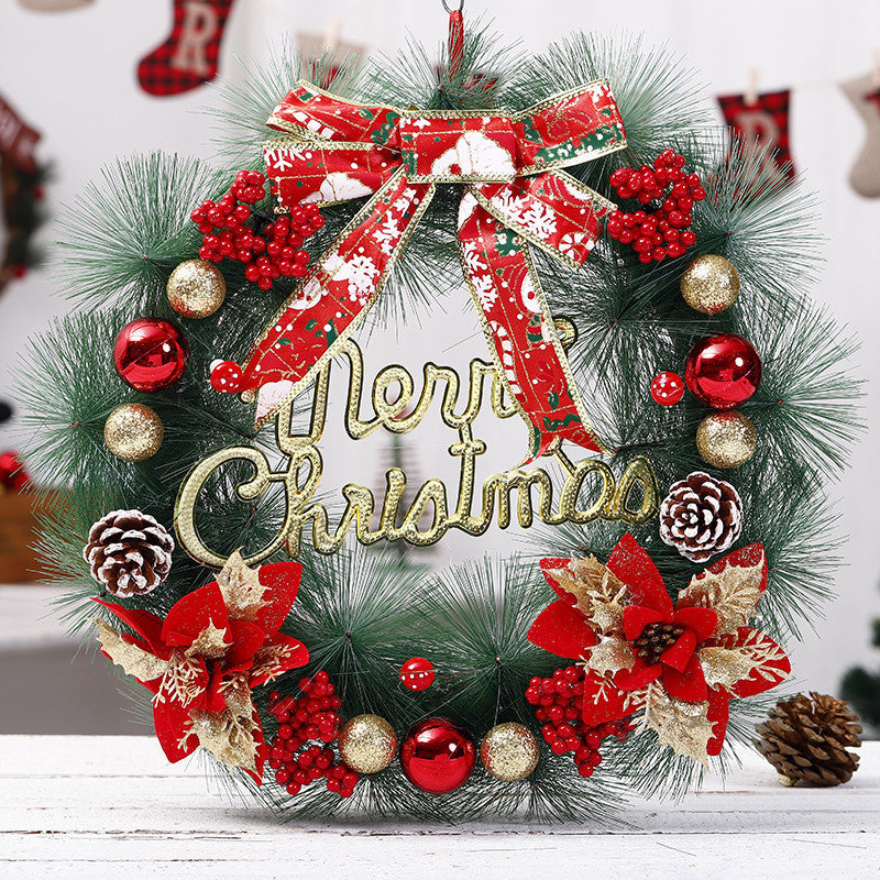 Elegant “Merry Christmas” Door Wreath – Festive Golden Bow & Pine Ornament Decoration ✨