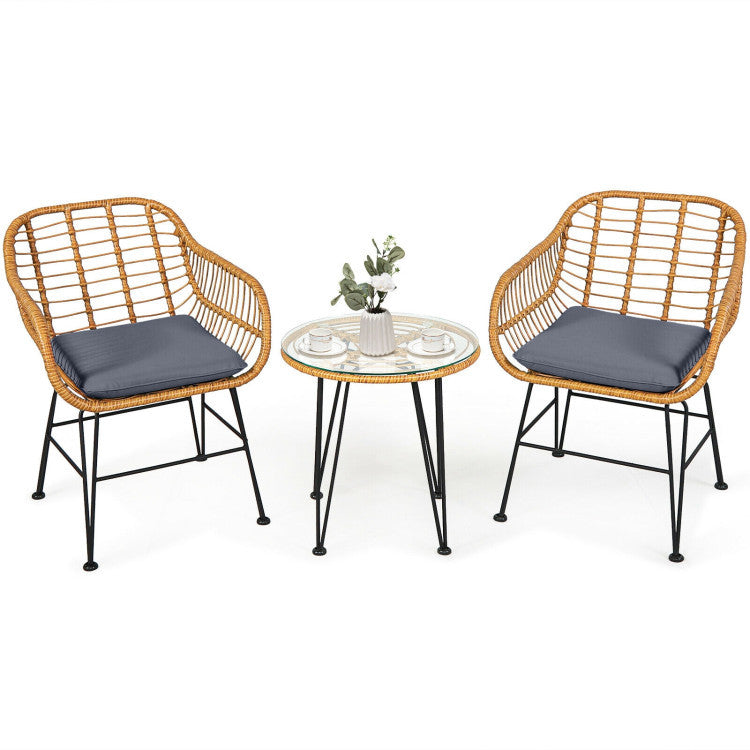 🌊 Coastal Harmony Rattan Bistro Set — 3-Piece Handwoven Patio Lounge with Bamboo-Style Frame & Dark Cushions ☕✨