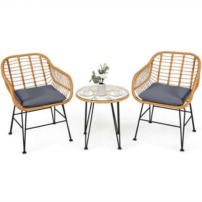 🌊 Coastal Harmony Rattan Bistro Set — 3-Piece Handwoven Patio Lounge with Bamboo-Style Frame & Dark Cushions ☕✨