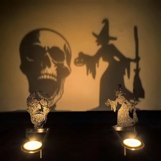 ✨ “Halloween Shadow Projection Candlestick – Spooky Witch & Skull Decor”