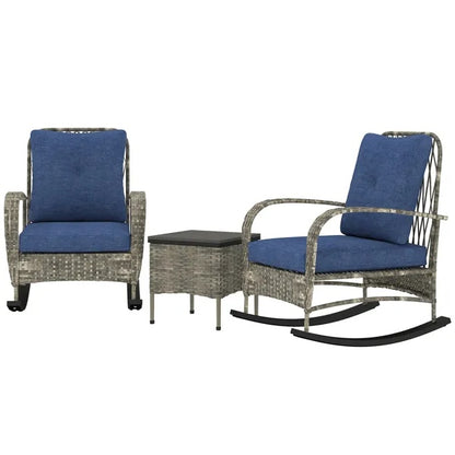 🌊 Coastal Bliss Rattan Lounge Set — 3-Piece Outdoor Retreat with Navy Cushions & Handwoven Rattan Finish ☕✨
