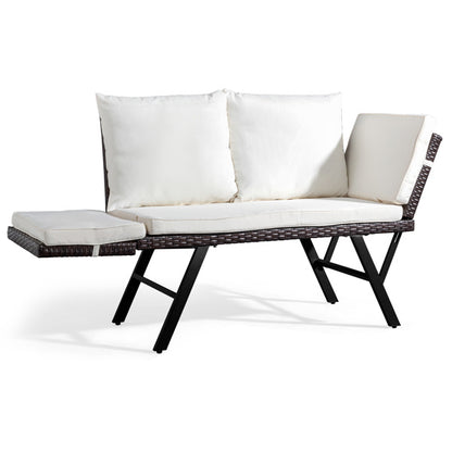 ✨ Stretchable Rattan Bench with Beige Cushions | Modern Outdoor Patio & Balcony Seating ☀️