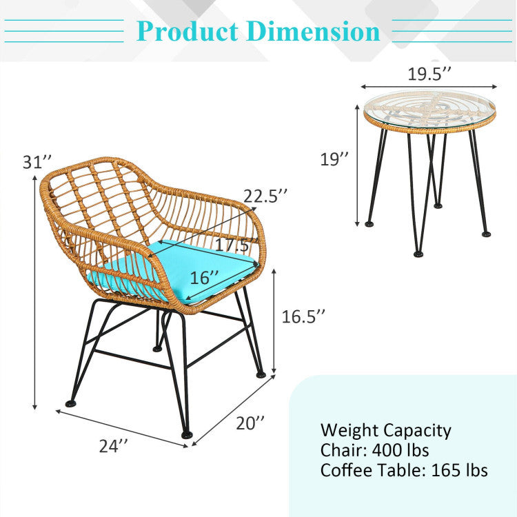 🌊 Coastal Breeze Rattan Patio Set — 3-Piece Outdoor Bistro with Aqua Cushions &amp; Glass-Top Table ☕✨