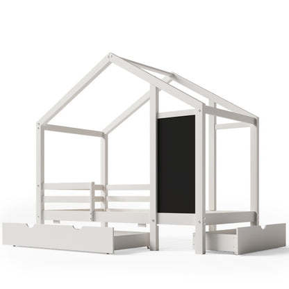 ✨ Twin House Bed with Blackboard & Drawers | Creative Montessori Kids Bed with Storage – White