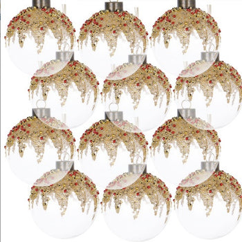 ✨ Luxury Glass Christmas Ball Ornaments – Set of 12 Elegant Gold & Red Beaded Hanging Baubles for Tree & Holiday Décor