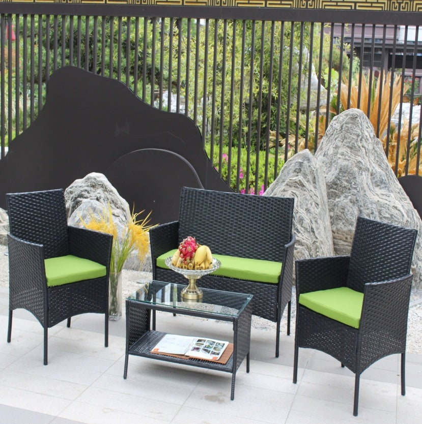 ☀️ Lime Luxe Rattan Patio Set — 4-Piece Outdoor Lounge with Black Weave & Bold Green Cushions 💚✨
