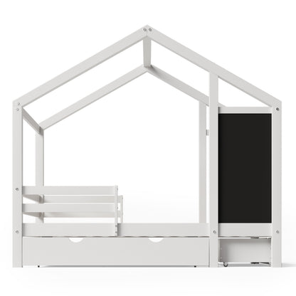 ✨ Twin House Bed with Blackboard & Drawers | Creative Montessori Kids Bed with Storage – White