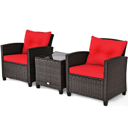 ☀️ Sunset Luxe Rattan Patio Set — 3-Piece Handwoven Outdoor Lounge with Red Cushions & Glass-Top Table ❤️✨