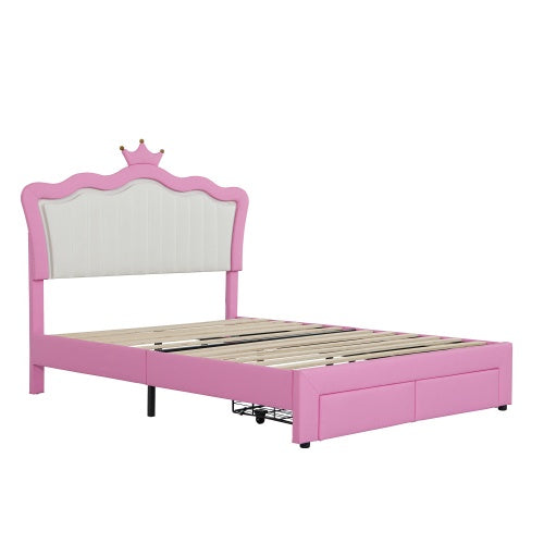 Full-Size Princess Upholstered Bed with LED Lights | Modern Pink & White Bed Frame with Crown Headboard & Drawers ✨