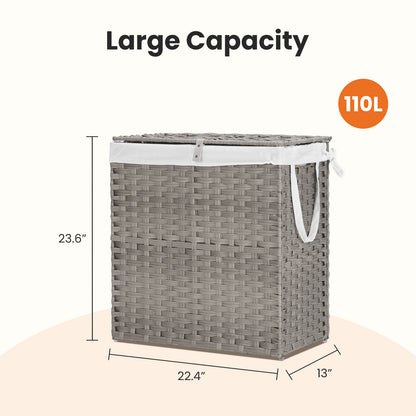 ✨ Handwoven Rattan Laundry Basket with Lid | 110L Foldable Storage Hamper with Handles & Removable Liner
