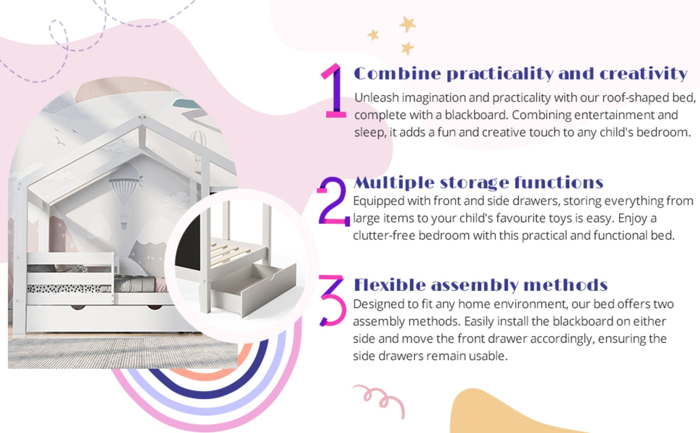 ✨ Twin House Bed with Blackboard & Drawers | Creative Montessori Kids Bed with Storage – White