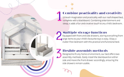 ✨ Twin House Bed with Blackboard & Drawers | Creative Montessori Kids Bed with Storage – White