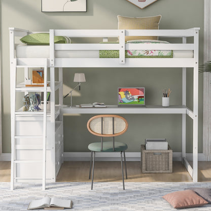 ✨ Twin Loft Bed with Desk, Shelves & 2 Drawers | Space-Saving Study Bed for Kids & Teens – White ️